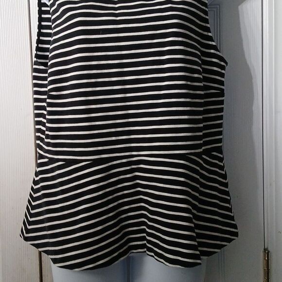 J Crew black white stripe sleeveless blouse full zipper back Sz L EUC - Picture 2 of 6